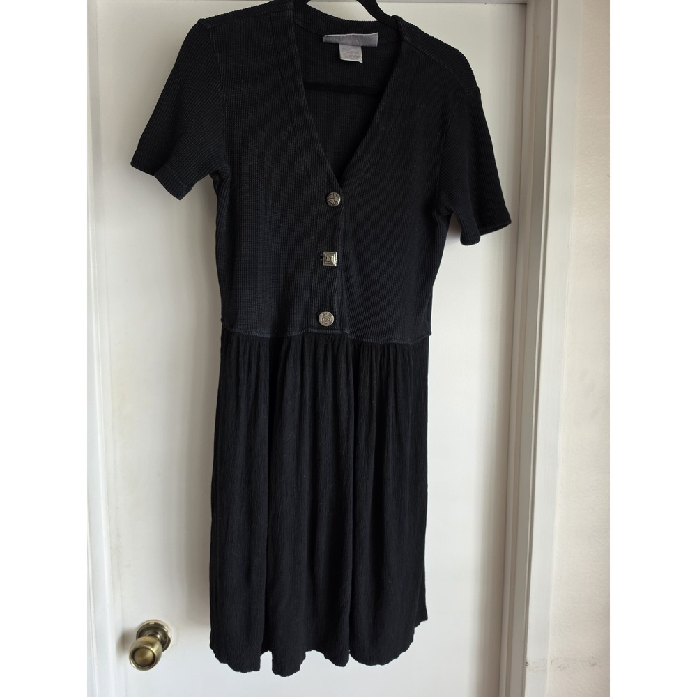 Vintage Barbara Lesser Dress M Black Mixed Fabric Made in USA Artsy Buttons